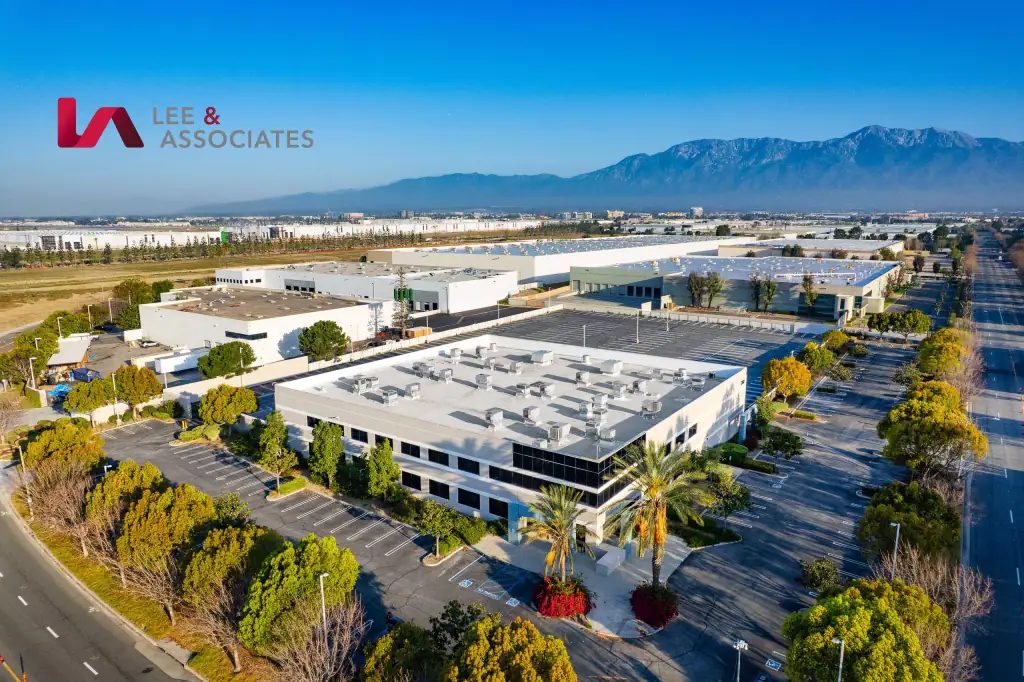 Commercial photography from a drone of a lage wharehouse complex in Ontario CA